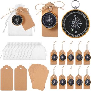 60 Pcs Compasses Gifts Wedding Party Favors Set, 2026 Mini Compass Souvenir Nautical with Kraft Tags and Organza Bag for Guests Birthday Nautical Travel Party Souvenir Gift(Gold)